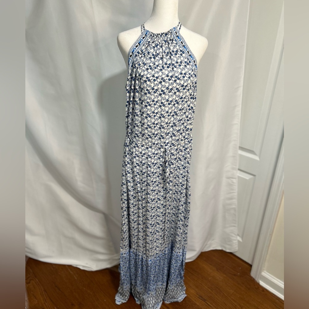 LOFT high neck maxi dress in royal blue, black, and white design in Large